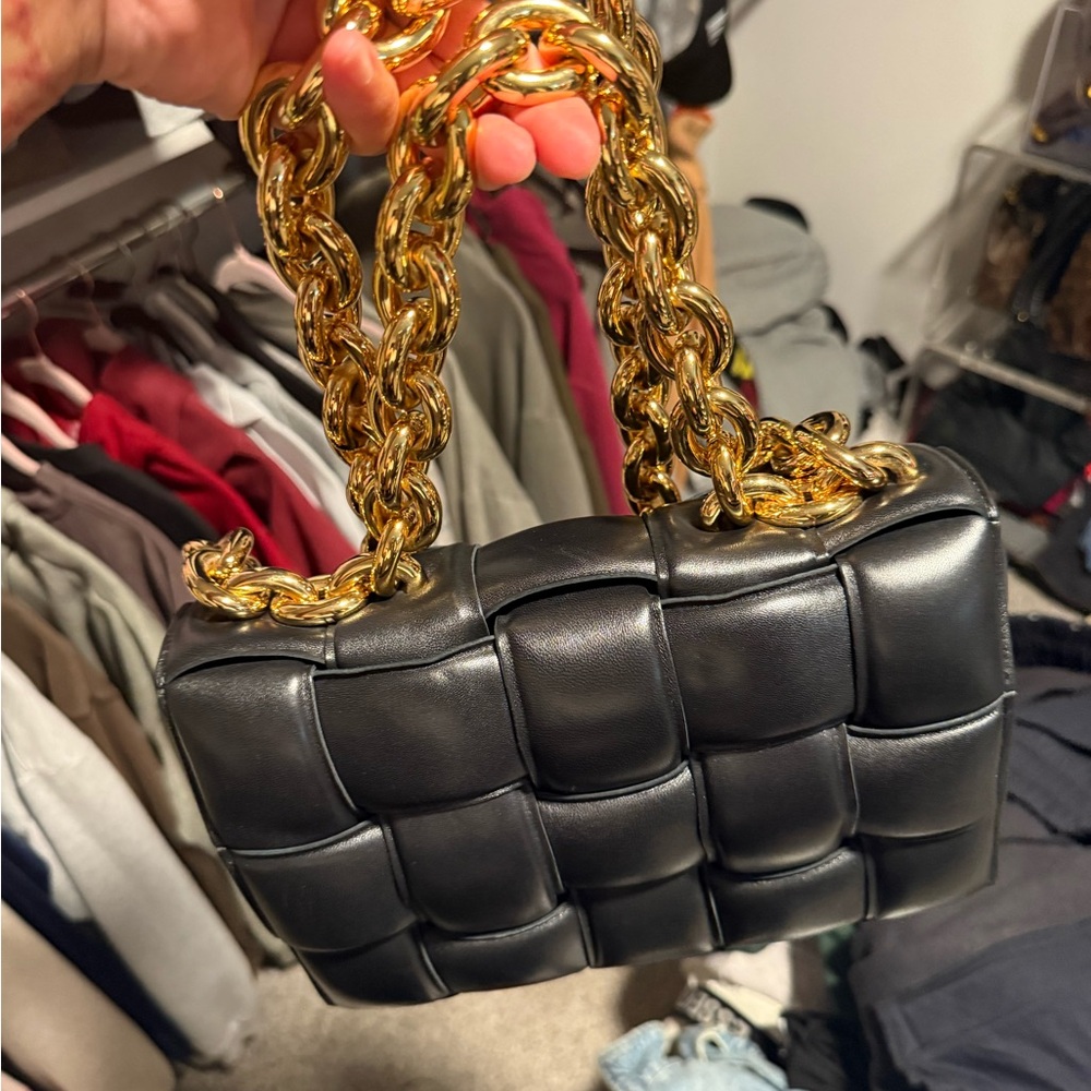 Bottega Veneta Black Padded cassette Crossbody with Gold Chain